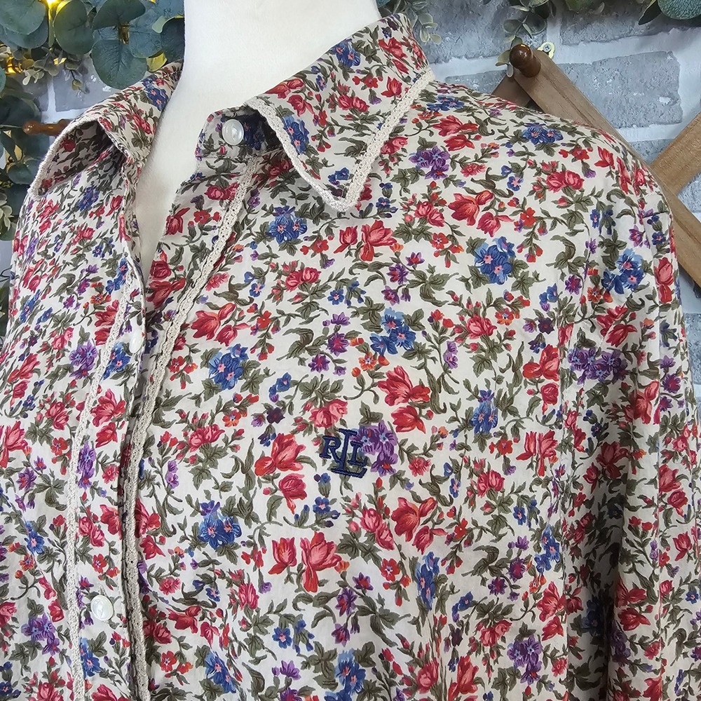 Lauren Ralph Lauren 2X Floral Button Front Blouse Cotton Lace Trim Plus Size - Picture 4 of 6